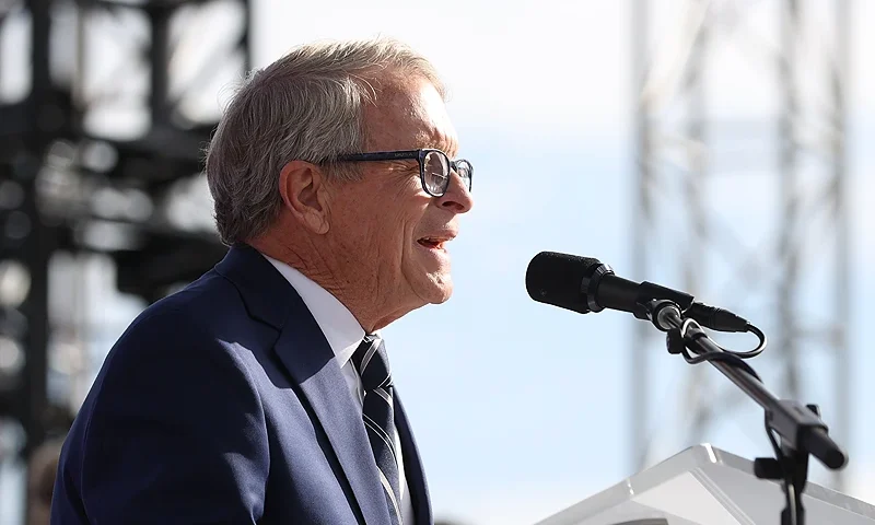 TOLEDO, OHIO - SEPTEMBER 03: Ohio Governor Mike DeWine speaks to the crowd during the Solheim Cup Opening Ceremony at Promenade Park on September 03, 2021 in Toledo, Ohio. (Photo by Gregory Shamus/Getty Images)
