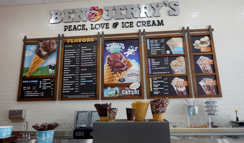 MIAMI, FLORIDA - SEPTEMBER 23: The menu hangs on the wall at a Ben & Jerry's ice cream store on September 23, 2021 in Miami, Florida. The state of Florida is reported to be ready to restrict purchases of Unilever PLC assets starting in late October after the company's Ben & Jerry's brand halted sales in the Israeli-occupied West Bank. (Photo by Joe Raedle/Getty Images)