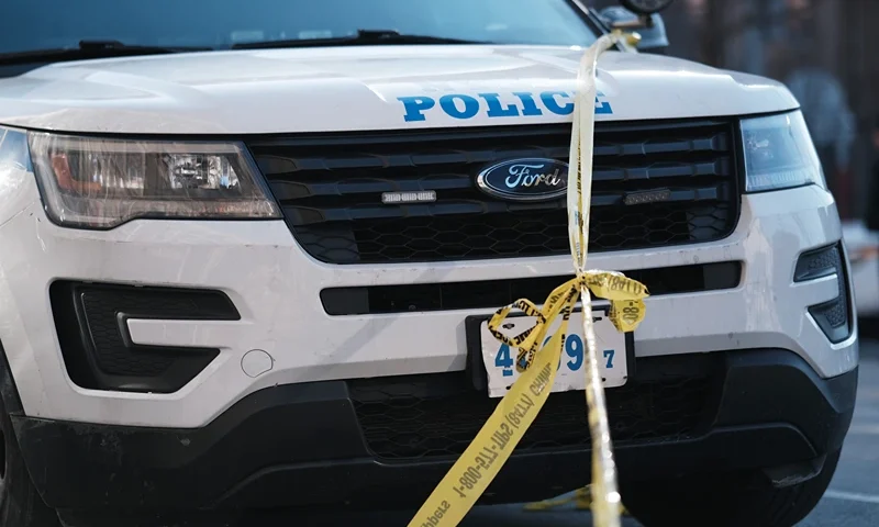 Police gather at the scene in Harlem where two New York City police officers were shot last night after responding to a domestic call on January 22, 2022 in New York City. One of the officers, Jason Rivera, was killed while a second officer is in critical condition. The incident follows a series of high profile shootings in New York City over the past few weeks. (Photo by Spencer Platt/Getty Images)