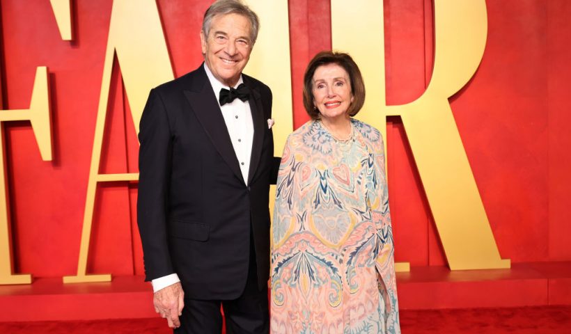 BEVERLY HILLS, CALIFORNIA - MARCH 10: (L-R) Paul Pelosi and Rep. Nancy Pelosi (D-CA) attend the 2024 Vanity Fair Oscar Party Hosted By Radhika Jones at Wallis Annenberg Center for the Performing Arts on March 10, 2024 in Beverly Hills, California. (Photo by Amy Sussman/Getty Images)