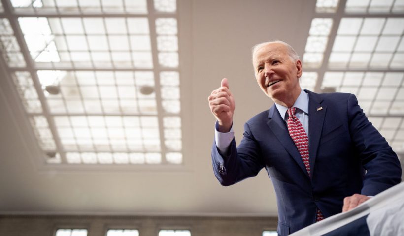 PHILADELPHIA, PENNSYLVANIA - MAY 29: U.S. President Joe Biden gives a thumbs up to Derek Cardenas of Warwick, New York, a young man afflicted with spinal muscular atrophy type one, at the conclusion of a campaign rally at Girard College on May 29, 2024 in Philadelphia, Pennsylvania. Biden and Harris are using today's rally to launch a nationwide campaign to court black voters, a group that has traditionally come out in favor of Biden, but their support is projected lower than it was in 2020. (Photo by Andrew Harnik/Getty Images)