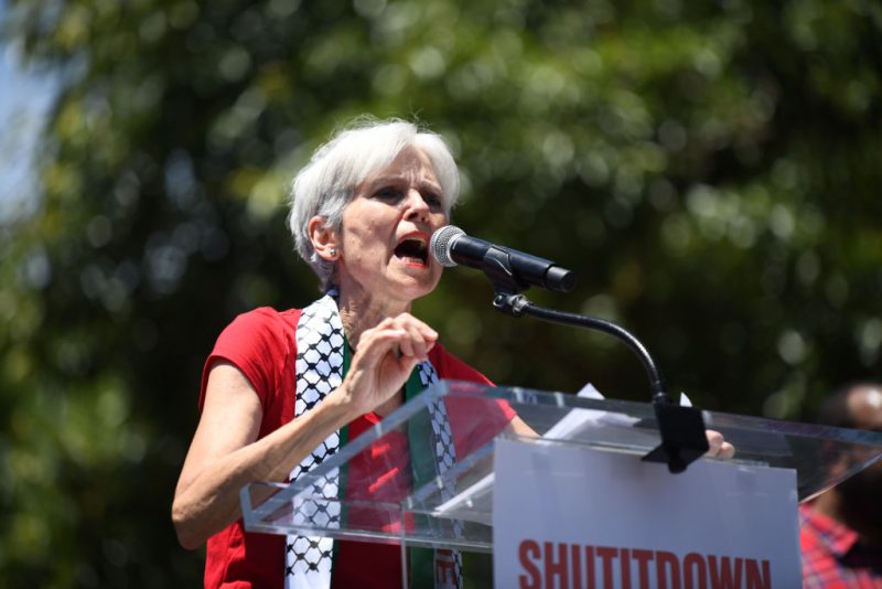 WASHINGTON, DC - JUNE 8: Green Party presidential candidate Jill Stein speaks at a Pro-Palestinian protest in front of the White House on June 8, 2024 in Washington, DC. As the Israeli invasion of Gaza following the October 7th terrorist attacks by Hamas militants on the Israeli people enters its ninth month, the two sides have yet to reach a peace agreement. (Photo by Mattie Neretin/Getty Images)