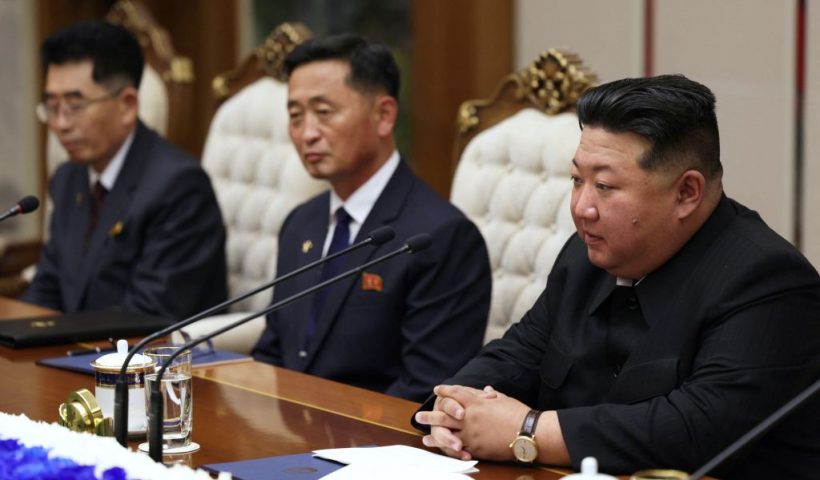 In this pool photograph distributed by the Russian state agency Sputnik, North Korea's leader Kim Jong Un (R) listens to Russian President Vladimir Putin (not pictured) during their meeting in Pyongyang on June 19, 2024. Russian President Vladimir Putin landed in North Korea early on June 19, the Kremlin said, kicking off a visit set to boost defence ties between the two nuclear-armed countries as Moscow pursues its war in Ukraine. (Photo by Gavriil GRIGOROV / POOL / AFP) / -- Editor's note : this image is distributed by the Russian state owned agency Sputnik -- (Photo by GAVRIIL GRIGOROV/POOL/AFP via Getty Images)