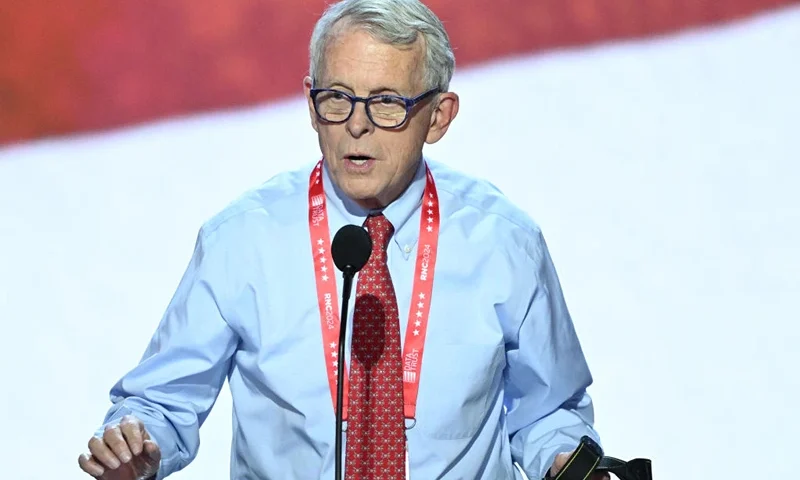 Ohio Governor Mike DeWine takes part in a sound check at the Fiserv Forum ahead of the 2024 Republican National Convention on July 14, 2024 in Milwaukee, Wisconsin. The convention will take place from July 15th to the 18th. (Photo by ANDREW CABALLERO-REYNOLDS / AFP) (Photo by ANDREW CABALLERO-REYNOLDS/AFP via Getty Images)