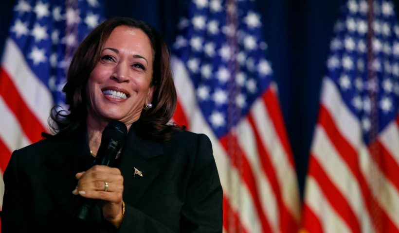 KALAMAZOO, MICHIGAN - JULY 17: US Vice President Kamala Harris speaks at a moderated conversation with former Trump administration national security official Olivia Troye and former Republican voter Amanda Stratton on July 17, 2024 in Kalamazoo, Michigan. Harris' visit, following the attempted assassination of former President Trump, makes this her fourth trip to Michigan this year and seventh visit since taking office. (Photo by Chris duMond/Getty Images)