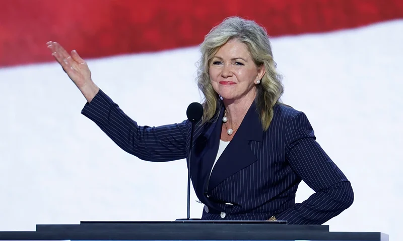 U.S. Sen. Marsha Blackburn (R-TN) speaks on stage on the first day of the Republican National Convention at the Fiserv Forum on July 15, 2024 in Milwaukee, Wisconsin. Delegates, politicians, and the Republican faithful are in Milwaukee for the annual convention, concluding with former President Donald Trump accepting his party's presidential nomination. The RNC takes place from July 15-18. (Photo by Chip Somodevilla/Getty Images)