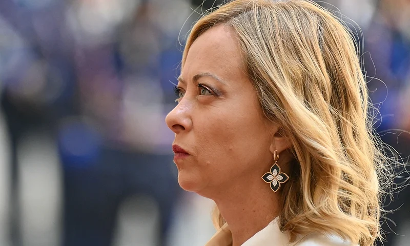 Italy's Prime Minister Giorgia Meloni waits to greet Israel's President Isaac Herzog at the Chigi Palace in Rome on July 25, 2024. (Photo by Alberto PIZZOLI / AFP) (Photo by ALBERTO PIZZOLI/AFP via Getty Images)