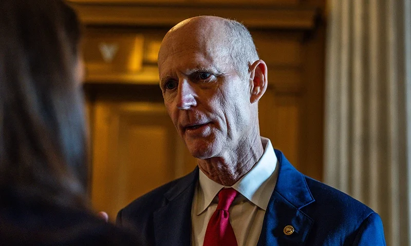 WASHINGTON, DC - JULY 25: Sen. Rick Scott (R-FL) speaks to reporters following a cloture vote on the Kids Online Safety Act in the U.S. Capitol Building on July 25, 2024 in Washington, DC. Proponents of the bipartisan Kids Online Safety Act, say the bill aims to protect children from online harms for the first time since 1998. It has support from parents' groups, advocacy organizations, and companies like Microsoft, X, and Snap. (Photo by Tierney L. Cross/Getty Images)
