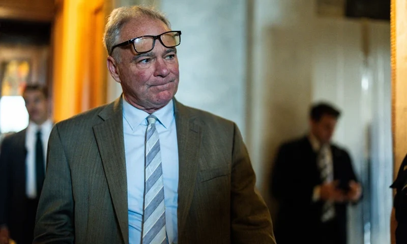 WASHINGTON, DC - JULY 25: Sen. Tim Kaine (D-MD) departs from the Senate Chambers following a cloture vote on the Kids Online Safety Act in the U.S. Capitol Building on July 25, 2024 in Washington, DC. Proponents of the bipartisan Kids Online Safety Act, say the bill aims to protect children from online harms for the first time since 1998. It has support from parents' groups, advocacy organizations, and companies like Microsoft, X, and Snap. (Photo by Tierney L. Cross/Getty Images)