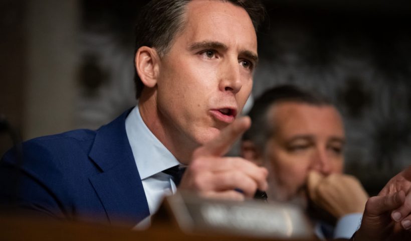Sen. Josh Hawley (R-MO) yells at U.S. Secret Service Acting Director Ronald Rowe, during a hearing about the attempted assassination of ex-President Donald Trump at a campaign rally, convened by the Senate Judiciary and Homeland Security Committees, Washington, DC, July 30, 2024. One person was killed and two critically injured, but the former President sustained only a minor flesh wound. (Photo by Allison Bailey / Middle East Images / Middle East Images via AFP) (Photo by ALLISON BAILEY/Middle East Images/AFP via Getty Images)