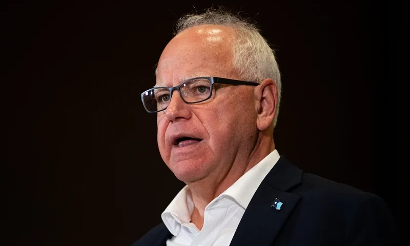 BLOOMINGTON, MINNESOTA - AUGUST 1: Minnesota Governor Tim Walz speaks during a press conference regarding new gun legislation at the Bloomington City Hall on August 1, 2024 in Bloomington, Minnesota. Walz is thought to be on a short list of potential Vice Presidential running mates for Democratic Presidential candidate and current Vice President Kamala Harris. (Photo by Stephen Maturen/Getty Images)