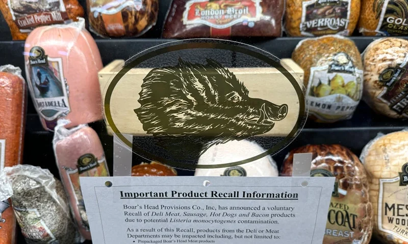 SAN RAFAEL, CALIFORNIA - JULY 31: A recall notice is posted next to Boar's Head meats that are displayed at a Safeway store on July 31, 2024 in San Rafael, California. According to the U.S. Department of Agriculture’s Food Safety and Inspection Service, Boar's Head has expanded its recall of ready-to-eat meat and poultry products to nearly 7 million additional pounds due to a listeria outbreak. (Photo by Justin Sullivan/Getty Images)