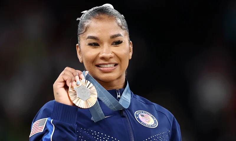 Jordan Chiles of Team USA looks on with her Bronze Medal from the Women's Apparatus floor final on day ten of the Olympic Games Paris 2024 at Bercy Arena on August 05, 2024 in Paris, France. (Photo by Naomi Baker/Getty Images)