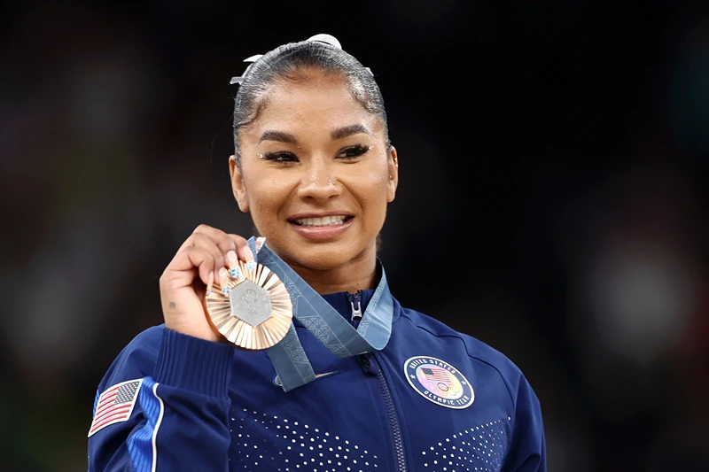 Jordan Chiles of Team USA looks on with her Bronze Medal from the Women's Apparatus floor final on day ten of the Olympic Games Paris 2024 at Bercy Arena on August 05, 2024 in Paris, France. (Photo by Naomi Baker/Getty Images)