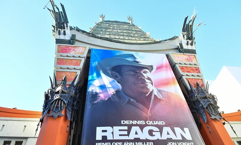 The movie poster is seen on the front of the Chinese theatre on the day of the premiere of "Reagan" at the TCL Chinese Theatre in Hollywood, California, August 20, 2024. (Photo by VALERIE MACON / AFP) (Photo by VALERIE MACON/AFP via Getty Images)