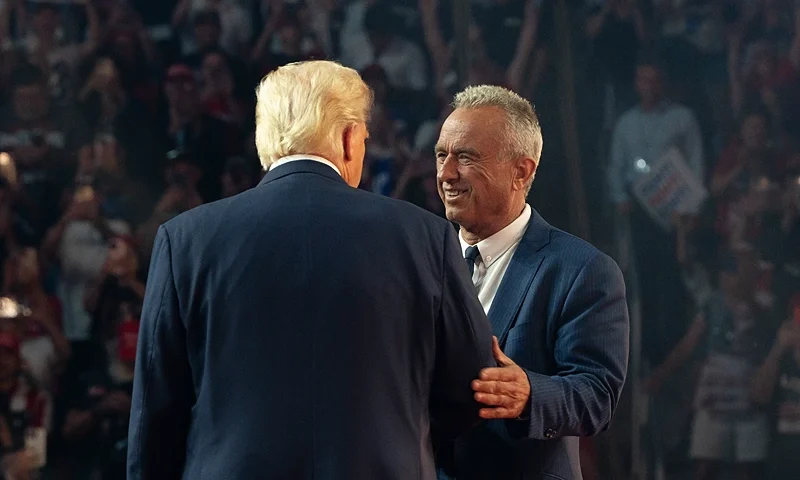 GLENDALE, ARIZONA - AUGUST 23: Former Republican presidential candidate Robert F. Kennedy Jr. greets Republican presidential nominee, former U.S. President Donald Trump during a campaign rally at Desert Diamond Arena on August 23, 2024 in Glendale, Arizona. Kennedy announced today that he was suspending his presidential campaign and supporting former President Trump. (Photo by Rebecca Noble/Getty Images)