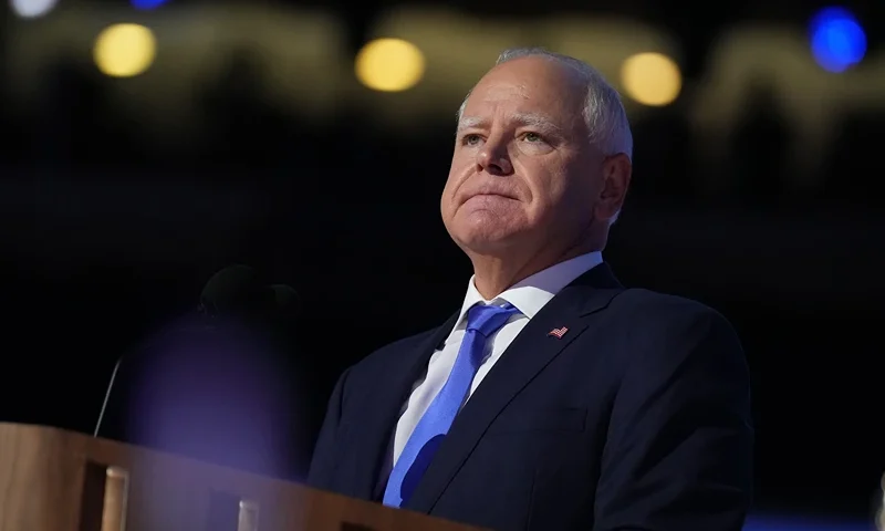 CHICAGO, ILLINOIS - AUGUST 21: Democratic vice presidential candidate Minnesota Gov. Tim Walz speaks on stage during the third day of the Democratic National Convention at the United Center on August 21, 2024 in Chicago, Illinois. Delegates, politicians, and Democratic Party supporters are in Chicago for the convention, concluding with current Vice President Kamala Harris accepting her party's presidential nomination. The DNC takes place from August 19-22. (Photo by Andrew Harnik/Getty Images)
