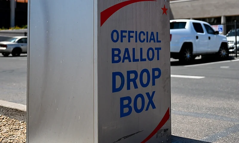 A ballot drop box under video surveillance at the Maricopa County Tabulation and Election Center ahead of the 2024 Arizona Primary and General elections in Phoenix, Arizona on June 3, 2024. The county started to bulk up security ahead of the 2022 midterm elections, in which Republican gubernatorial candidate Kari Lake refused to concede to rival Katie Hobbs -- despite the fact that several audits confirmed the Democrat's victory. Officials have updated cameras, increased armed guards and replaced doors to secure areas, according to a list of enhancements obtained by AFP. (Photo by Patrick T. Fallon / AFP) (Photo by PATRICK T. FALLON/AFP via Getty Images)