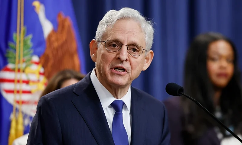 WASHINGTON, DC - AUGUST 23: U.S. Attorney General Merrick Garland speaks during a press conference at the U.S. Department of Justice on August 23, 2024 in Washington, DC. Officials with the Department of Justice held the news conference to make an announcement pertaining to their antitrust lawsuit against the real estate software company RealPage. (Photo by Anna Moneymaker/Getty Images)