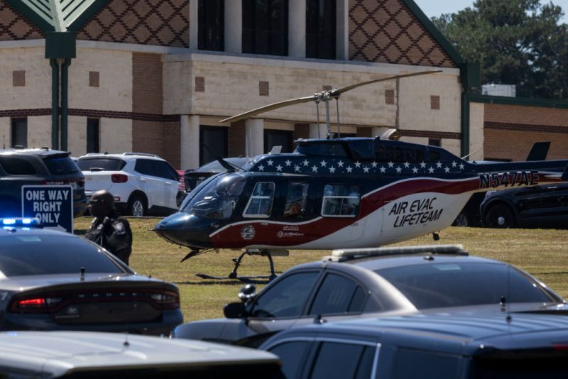 An air evacuation helicopter sits on standby after a shooting took place at Apalachee High School in Winder, Georgia, on September 4, 2024. Four people were killed and nine wounded in the school shooting on Wednesday, the Georgia Bureau of Investigation said.