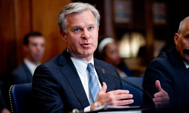 FBI Director Christopher Wray speaks during an Election Threats Task Force meeting at the Justice Department on September 4, 2024 in Washington, DC. U.S. Attorney General Merrick Garland, who launched the task force three years ago after a steep increase in violent threats to election workers, reaffirmed his commitment to safeguarding election workers domestically and also announced two actions against Russia for attempted covert influence operations. (Photo by Andrew Harnik/Getty Images)
