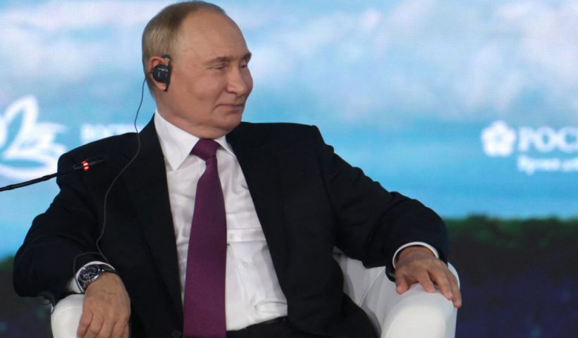 In this pool photograph distributed by the Russian state agency Sputnik, Russia's President Vladimir Putin attends a plenary session of the Eastern Economic Forum in Vladivostok on September 5, 2024. (Photo by Vyacheslav PROKOFYEV / POOL / AFP) (Photo by VYACHESLAV PROKOFYEV/POOL/AFP via Getty Images)