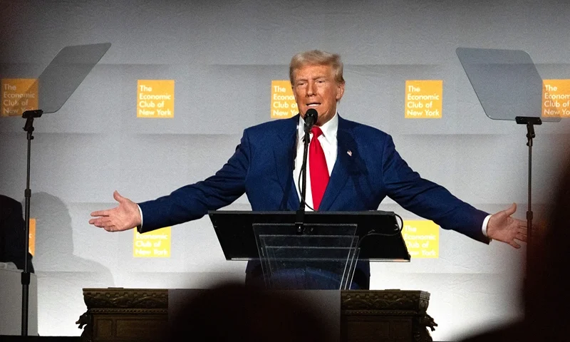 Former US President and Republican presidential candidate Donald Trump speaks at the Economic Club of New York on September 5, 2024. Trump announced during his speech that if elected president he would appoint Tesla CEO Elon Musk to lead an audit of government spending and implement "drastic" reform. Trump said at Musk's suggestion, he would "create a government efficiency commission tasked with conducting a complete financial and performance audit of the entire federal government," with musk as its chief. (Photo by David Dee Delgado / AFP) (Photo by DAVID DEE DELGADO/AFP via Getty Images)