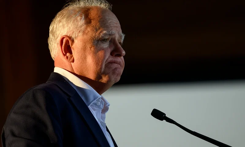 ERIE, PENNSYLVANIA - SEPTEMBER 05: Democratic vice presidential nominee Minnesota Governor Tim Walz speaks to a gathered crowd of supporters during a campaign rally at the Highmark Amphitheater on September 5, 2024 in Erie, Pennsylvania. (Photo by Jeff Swensen/Getty Images)