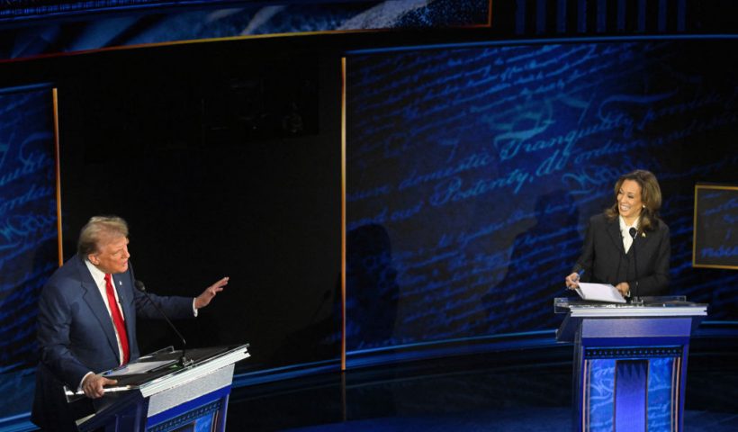 US Vice President and Democratic presidential candidate Kamala Harris and former US President and Republican presidential candidate Donald Trump speak during a presidential debate at the National Constitution Center in Philadelphia, Pennsylvania, on September 10, 2024. (Photo by SAUL LOEB / AFP) (Photo by SAUL LOEB/AFP via Getty Images)