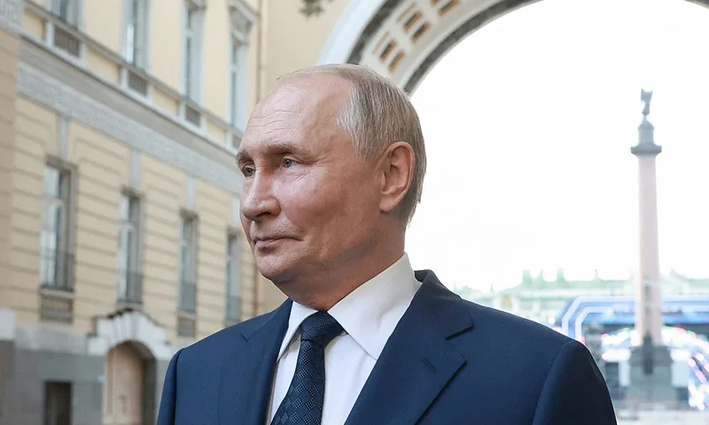 In this pool photograph distributed by the Russian state agency Sputnik, Russia's President Vladimir Putin answers a journalist's question after delivering a speech at the X St. Petersburg International United Cultures Forum in Saint Petersburg on September 12, 2024. (Photo by Vyacheslav PROKOFYEV / POOL / AFP) (Photo by VYACHESLAV PROKOFYEV/POOL/AFP via Getty Images)