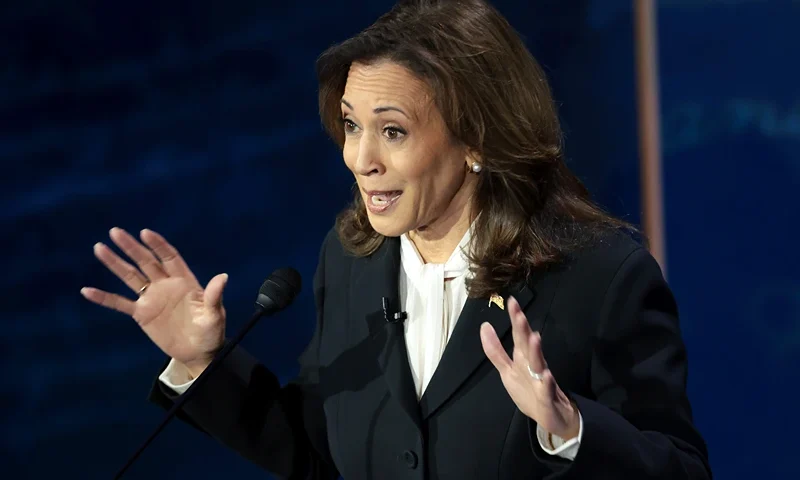 Democratic presidential nominee, U.S. Vice President Kamala Harris, debates Republican presidential nominee, former U.S. president Donald Trump, for the first time during the presidential election campaign at The National Constitution Center on September 10, 2024 in Philadelphia, Pennsylvania. After earning the Democratic Party nomination following President Joe Biden’s decision to leave the race, Harris faced off with Trump in what may be the only debate of the 2024 race for the White House. (Photo by Win McNamee/Getty Images)