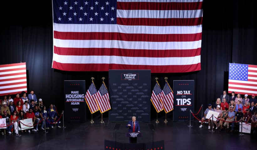 TUCSON, ARIZONA - SEPTEMBER 12: Republican presidential nominee, former U.S. President Donald Trump, speaks during a campaign event at the Linda Ronstadt Music Hall on September 12, 2024 in Tucson, Arizona. Former President Donald Trump held a campaign event to speak on the economy. (Photo by Justin Sullivan/Getty Images)