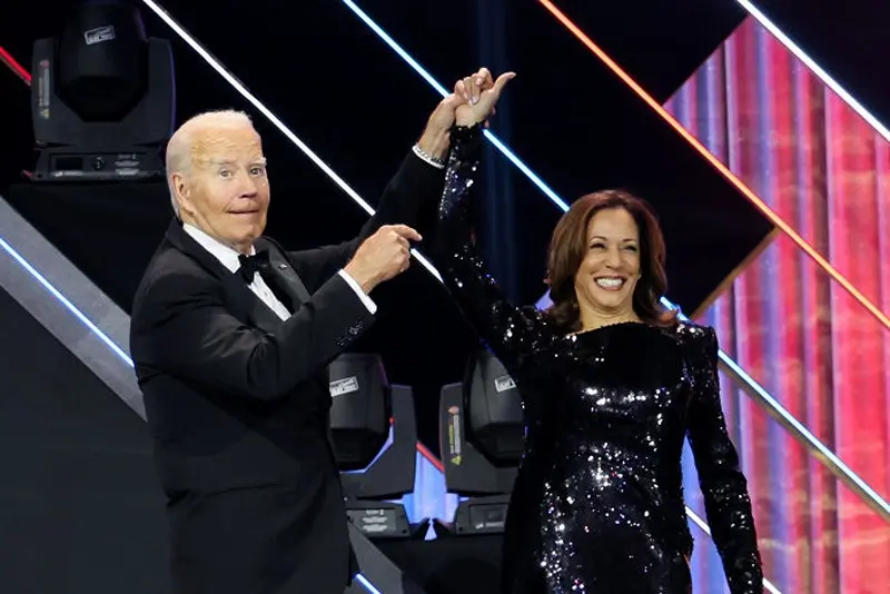 WASHINGTON, DC - SEPTEMBER 14: (L-R) U.S. President Joe Biden and Vice President Kamala Harris seen onstage during The Congressional Black Caucus Foundation's 53rd Annual Legislative Conference Annual Phoenix Awards Dinner at Walter E. Washington Convention Center on September 14, 2024 in Washington, DC. (Photo by Jemal Countess/Getty Images for Congressional Black Caucus Foundation )