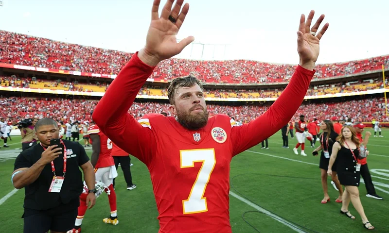 KANSAS CITY, MISSOURI - SEPTEMBER 15: Harrison Butker #7 of the Kansas City Chiefs celebrates after defeating the Cincinnati Bengals at GEHA Field at Arrowhead Stadium on September 15, 2024 in Kansas City, Missouri. (Photo by Jamie Squire/Getty Images)