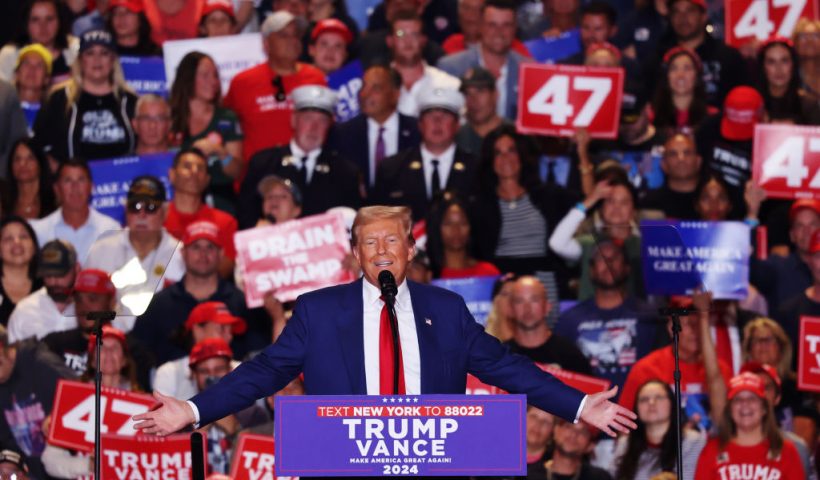 UNIONDALE, NEW YORK - SEPTEMBER 18: Republican presidential nominee, former U.S. President Donald Trump speaks during a campaign rally at Nassau Veterans Memorial Coliseum on September 18, 2024 in Uniondale, New York. Trump held his first rally after Saturday's apparent assassination attempt, the second one in two months after being injured at a rally in Butler, Pennsylvania. (Photo by Michael M. Santiago/Getty Images)