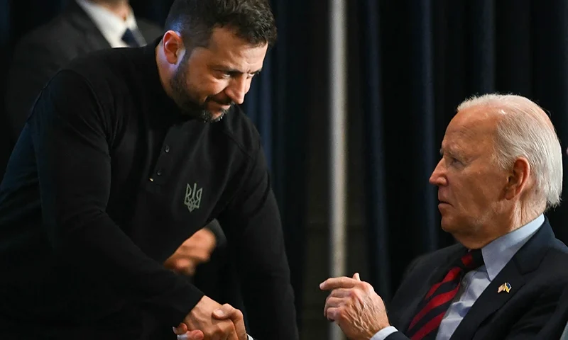 TOPSHOT - (L-R) Ukrainian President Volodymyr Zelensky shakes hands with US President Joe Biden during an event with world leaders launching a Joint Declaration of Support for Ukrainian Recovery and Reconstruction on the sidelines of the 79th Session of the United Nations General Assembly in New York on September 25, 2024. (Photo by ANDREW CABALLERO-REYNOLDS / AFP) (Photo by ANDREW CABALLERO-REYNOLDS/AFP via Getty Images)