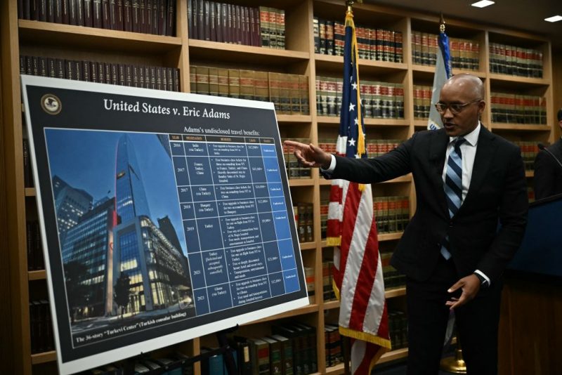 US Attorney for the Southern District of New York Damian Williams speaks at a press conference in New York, on September 26, 2024, on the indictment of New York City Mayor Eric Adams. US federal agents raided the official residence of Mayor Adams early September 26 ahead of the expected announcement of criminal charges against the former city cop once touted as a rising Democratic Party star. The search at the residence known as Gracie Mansion began before dawn, and is the latest shock twist in a graft investigation against the Adams administration. (Photo by ANGELA WEISS / AFP) (Photo by ANGELA WEISS/AFP via Getty Images)