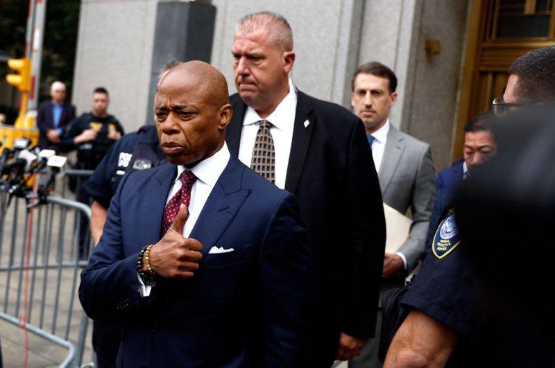 NEW YORK, NEW YORK - SEPTEMBER 27: New York City Mayor Eric Adams exits federal court after his arraignment on bribery and fraud charges on September 27, 2024 in New York City. Adams has been charged with five offenses: conspiracy to commit wire fraud, federal program bribery, solicitation of a contribution by a foreign national, wire fraud, and bribery. (Photo by John Lamparski/Getty Images)