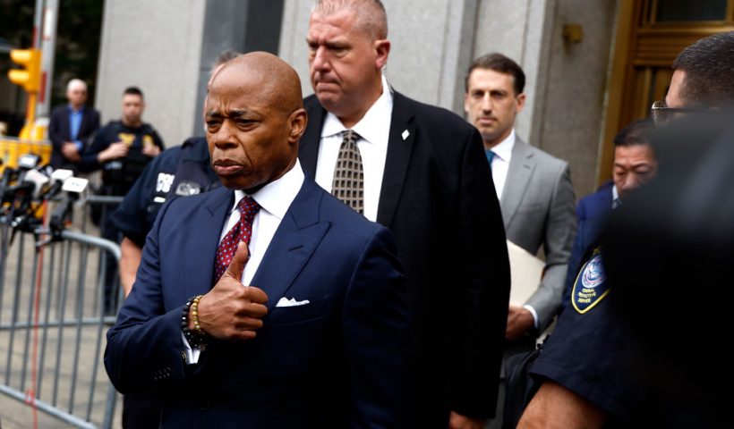 NEW YORK, NEW YORK - SEPTEMBER 27: New York City Mayor Eric Adams exits federal court after his arraignment on bribery and fraud charges on September 27, 2024 in New York City. Adams has been charged with five offenses: conspiracy to commit wire fraud, federal program bribery, solicitation of a contribution by a foreign national, wire fraud, and bribery. (Photo by John Lamparski/Getty Images)