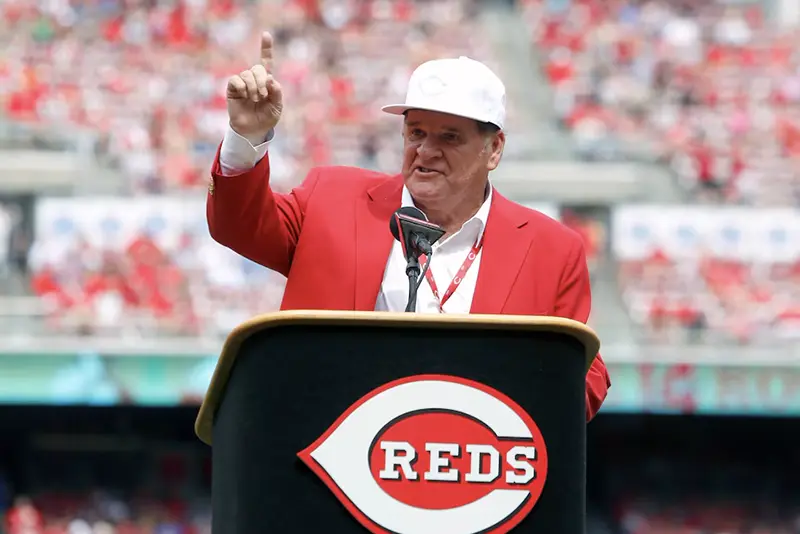 Cincinnati Reds former player Pete Rose speaks during a pregame ceremony of the unveiling of his bronze statue at Great American Ball Park. Mandatory Credit: David Kohl-USA TODAY Sports