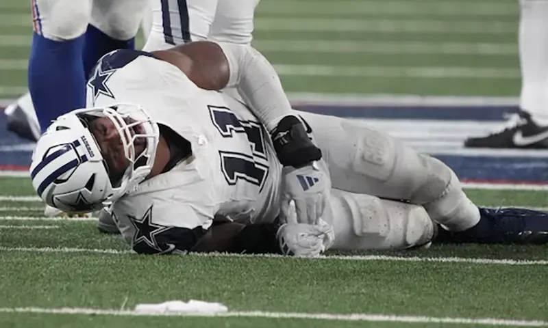 Dallas Cowboys linebacker Micah Parsons (11) injured in the second half against the New York Giants at MetLife Stadium. Mandatory Credit: Robert Deutsch-Imagn Images