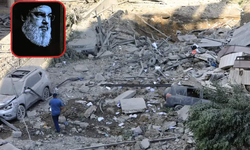 B| A man inspects the massive damage on September 28, 2024 in the Hadath neighbourhood of Beirut's southern suburbs in the aftermath of overnight Israeli airstrikes on the outskirts of the Lebanese capital. Israeli fighter jets bombarded the southern suburbs of Beirut overnight into September 28, sending panicked families fleeing massive strikes that were reportedly targeting Hezbollah chief Hassan Nasrallah. (Photo by AFP) (Photo by -/AFP via Getty Images) F| An image of the late leader of Hezbollah Hassan Nasrallah with a black stripe for mourning is displayed on a television set airing a broadcast from the private Lebanese station NBN in Beirut on September 28, 2024. Lebanon's Iran-backed Hezbollah group confirmed on September 28, 2024 that its leader Hassan Nasrallah had been killed, after Israel said it had "eliminated" him in a strike on south Beirut a day earlier. (Photo by JOSEPH EID / AFP) (Photo by JOSEPH EID/AFP via Getty Images)