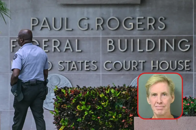 A police officer stands watch outside the Paul G. Rogers Federal Building and US Courthouse during a hearing on the detention of Ryan Wesley Routh, suspected of the attempted assassination of former US president Donald Trump, in West Palm Beach, Florida, on September 30, 2024. Ryan Wesley Routh, 58, was charged with possession of a firearm as a convicted felon and possession of a firearm with an obliterated serial number at his initial court appearance. (Photo by Giorgio VIERA / AFP) (Photo by GIORGIO VIERA/AFP via Getty Images)