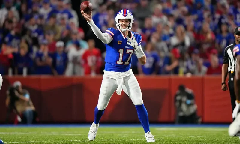 Buffalo Bills quarterback Josh Allen (17) throws against the Jacksonville Jaguars during the first half at Highmark Stadium. Mandatory Credit: Gregory Fisher-Imagn Images