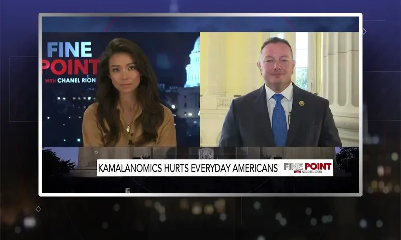 Video still from Fine Point on One America News Network showing a split screen of the host on the left side, and on the right side is the guest, Eric Burlison.