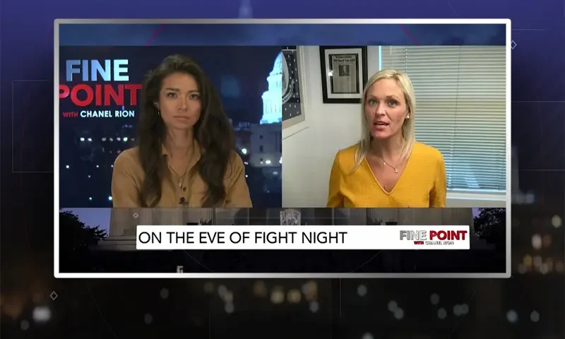 Video still from Fine Point on One America News Network showing a split screen of the host on the left side, and on the right side is the guest, Kristin Davidson.