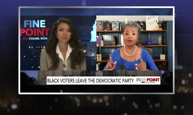 Video still from Fine Point on One America News Network showing a split screen of the host on the left side, and on the right side is the guest, Carol Swain.