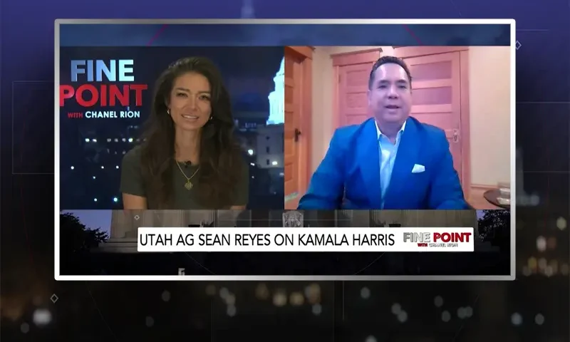 Video still from Fine Point on One America News Network showing a split screen of the host on the left side, and on the right side is the guest, Sean Reyes.