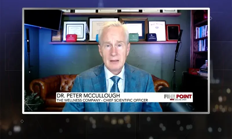 Video still from Fine Point on One America News Network during an interview with the guest, Dr. Peter McCullough.