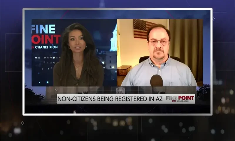 Video still from Fine Point on One America News Network showing a split screen of the host on the left side, and on the right side is the guest, Jim Pfaff.